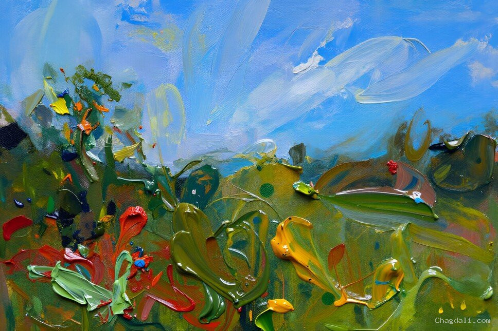 Summer Chorus — Sunlit Meadow Grasses and Wildflowers Under a Blue Sky in Abstract Landscape Art